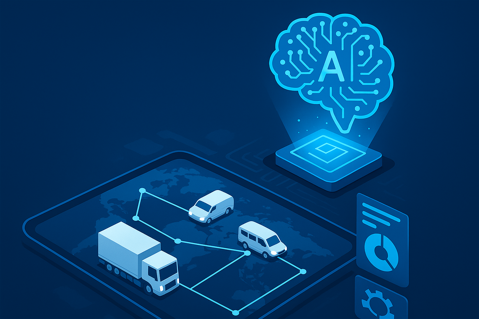 Fleet of trucks on highway demonstrating AI-powered vehicle tracking and management system